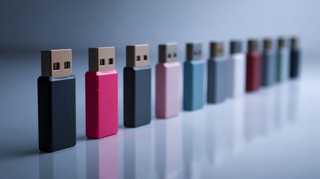 USB drives aligned in a row, clean minimal background