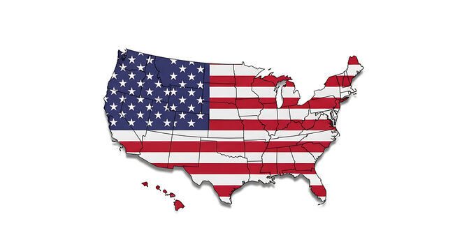 Map of the United States with American flag pattern on a white background for patriotic and national concepts