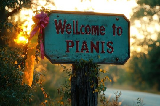 weathered turquoise welcome sign reading 'wellcome to pianis' tied with a pink and yellow bow on a vine-covered wooden post beside a sunlit country road at sunset, warm inviting mood