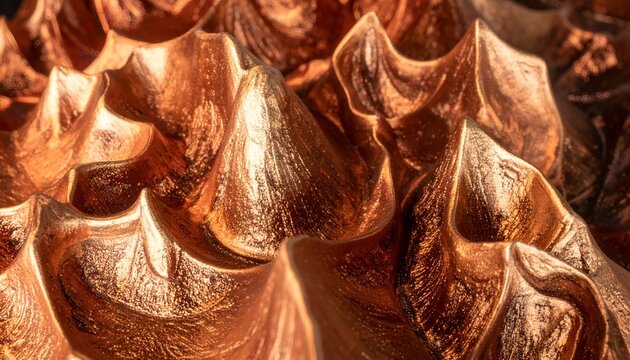 Intricate sculpted folds of rich metallic bronze fabric catching warm ambient highlights in a dark room