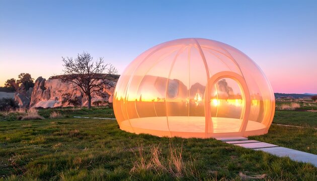 A clear transparent geodesic dome tent glowing with warm interior light in a quiet grassy field at sunset