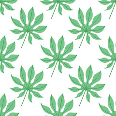 Fototapeta premium Green tropical finger leaf seamless pattern, minimalist botanical foliage background for textile, wallpaper, nursery and organic packaging