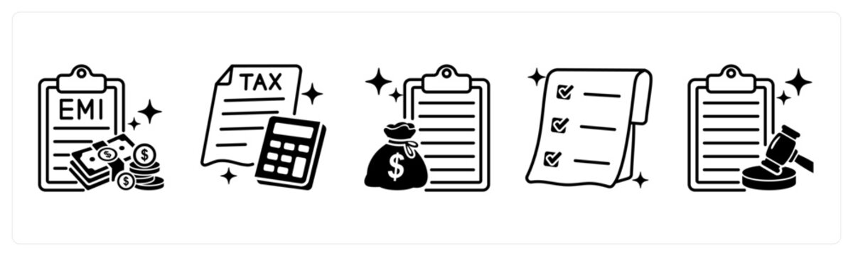 A set of 5 mix icons as emi payment, tax, loan
