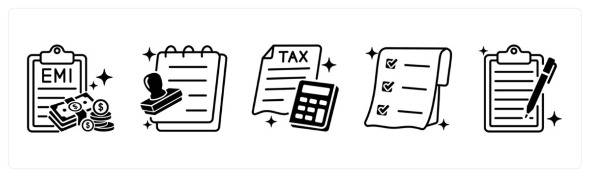A set of 5 mix icons as emi payment, loan approval, tax
