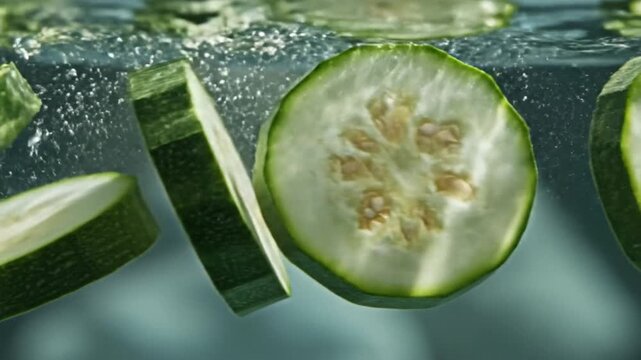 Fresh Zucchini Slices Submerged in Water Creating Bubbles and Splashes