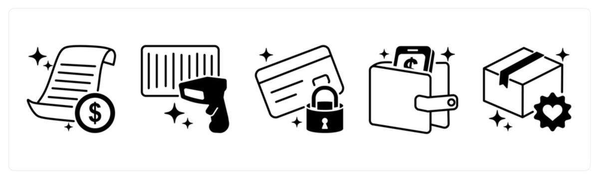 A set of 5 mix icons as invoice, barcode scan, secure payment,
