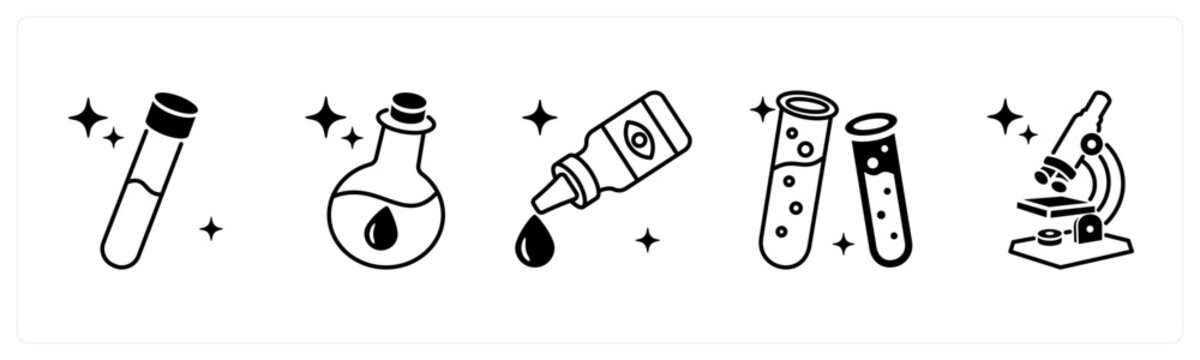 A set of 5 mix icons as blood sample, chemical bottle, eye drops