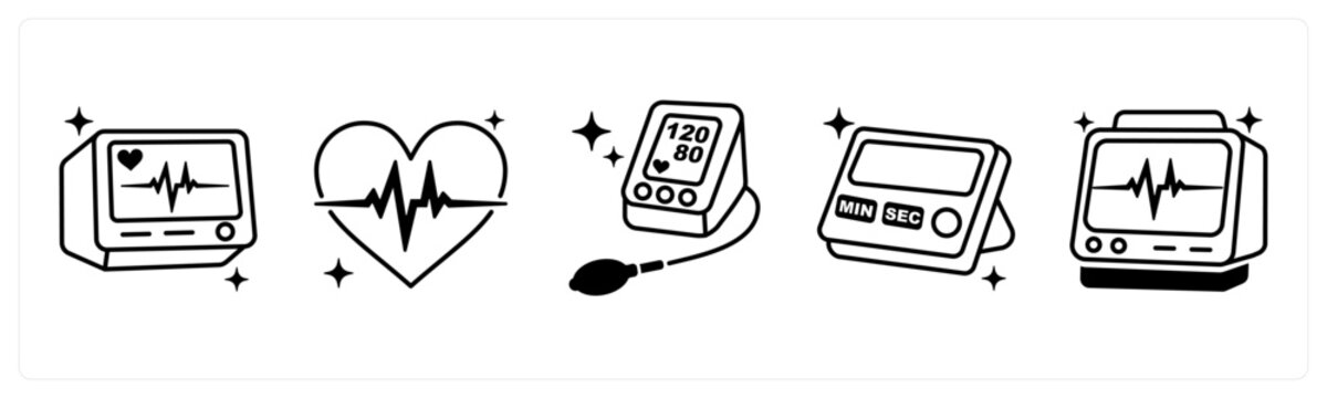 A set of 5 mix icons as ecg monitor, pulse heartbeat, blood pressure monitor