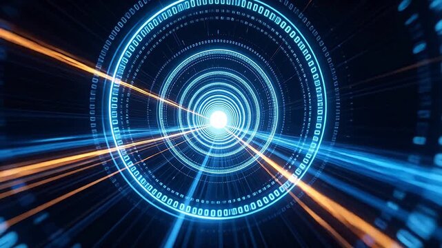 Futuristic digital tunnel with binary code rings and glowing orange blue light