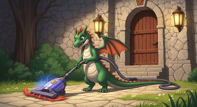 A friendly dragon cheerfully vacuums in front of a castle door, using a modern appliance with a red brush head, amid greenery