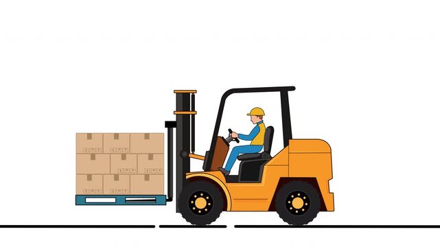 Industrial worker operating forklift with stack of boxes on pallet. Forklift driving safety, industrial concept.