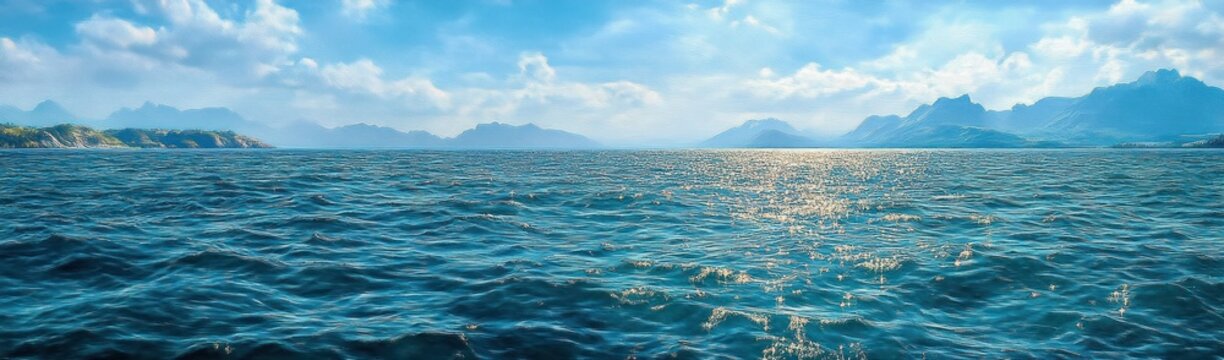 Sunlit open sea with sparkling waves and distant mountains under a bright partly cloudy sky, a peaceful and expansive seascape