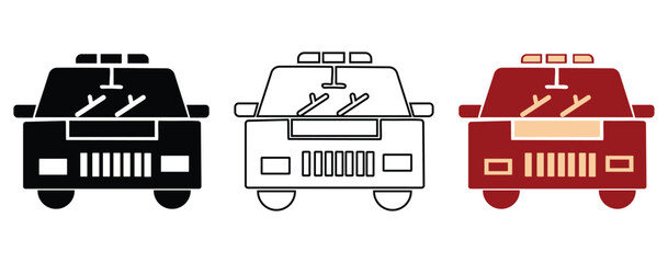Police car icons set in front view with black silhouette, outline, and flat color styles for law enforcement and emergency vehicle design.  © Aimanbibi