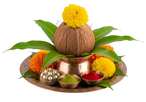 Indian Puja Thali with Coconut, Marigold Flowers, Mango Leaves, and Holy Powders