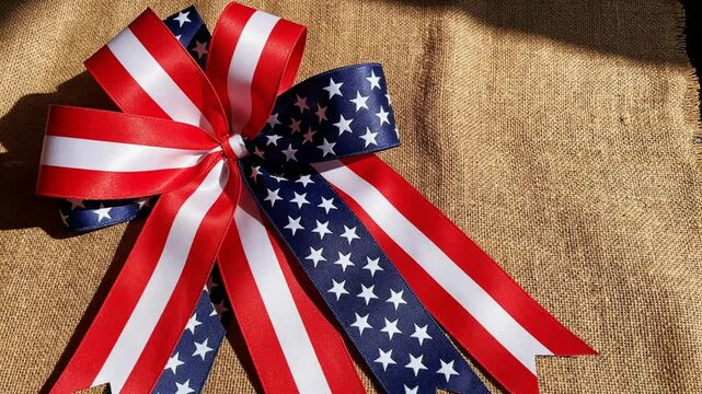 American flag ribbon bow on burlap background patriotic concept