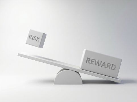A white seesaw balancing 'REWARD' outweighing 'RISK' on a plain background, illustrating the concept of risk-reward.