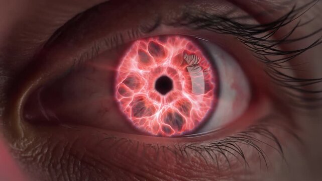 "Close-up human eye with glowing red plasma iris and lightning-like veins, symbolizing energy, power, and the fusion of anatomy with science-fiction aesthetics."
