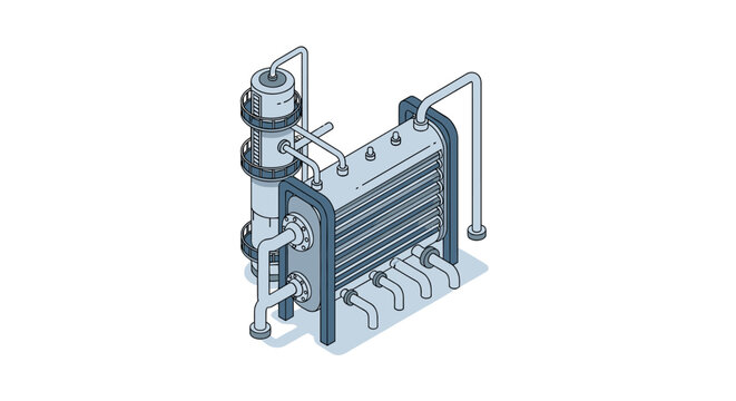 Isometric illustration of an industrial heat exchanger and distillation column.