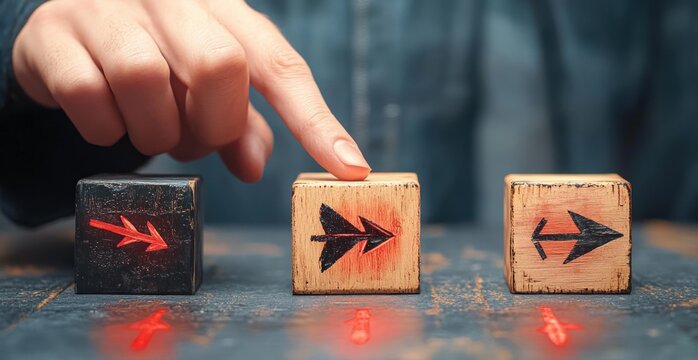 finger pressing middle wooden cube with black arrow between two other arrow blocks on a wooden table with red arrow reflections and a blurred person in the background, focused decisive choice