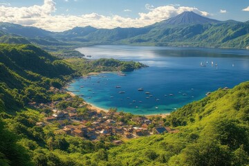 Fototapeta premium tranquil coastal village nestled in lush green hills overlooking a turquoise bay with anchored fishing boats, sailboats, sandy beach and a distant volcanic peak under a sunny sky