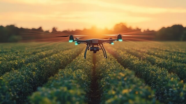Multirotor drone hovering over neat green crop rows at golden hour sunset, calm and futuristic agricultural monitoring scene