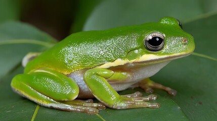 Fototapeta premium Green tree frog with large golden eyes sitting on a green leaf outdoors