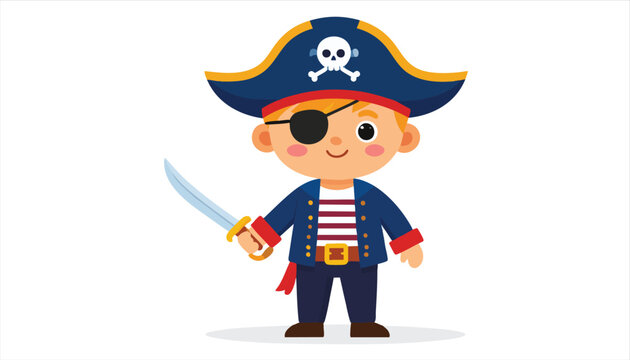 Cute Cartoon Pirate Boy with Sword and Eye Patch.