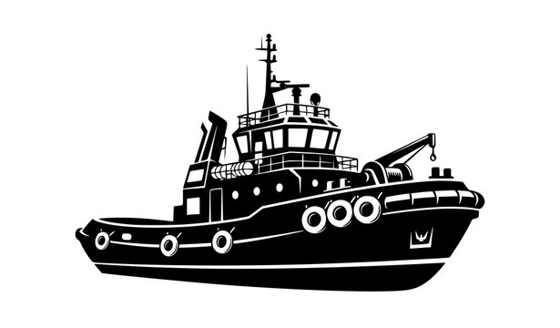 Stylized tugboat silhouette icon black vector marine vessel illustration isolated on white