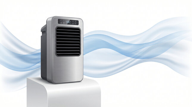 Portable air conditioner unit on white pedestal, silver mobile AC device with blue cooling wind waves, modern home climate control appliance