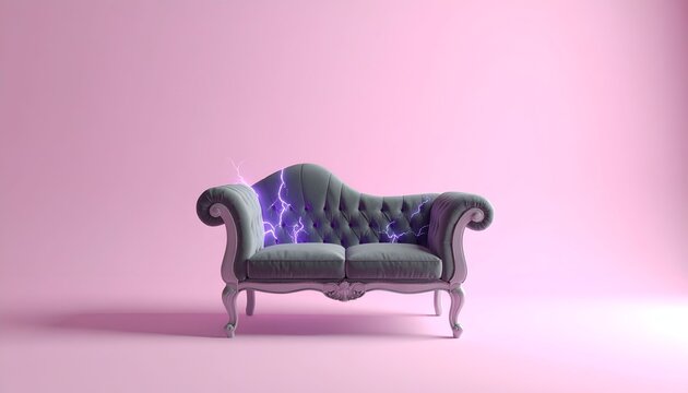 A tufted dark grey velvet armchair with glowing violet purple flames flickering along its top cushion edge