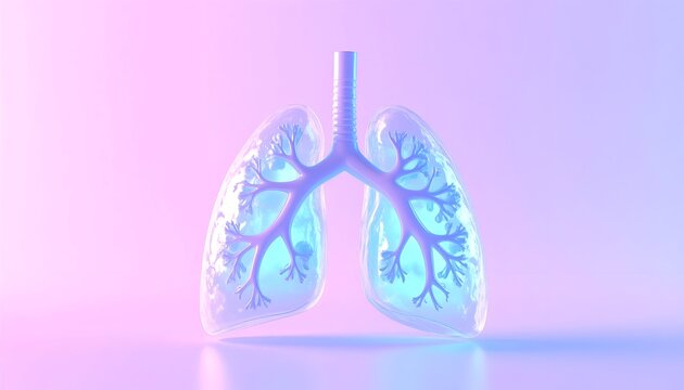 A clear translucent blue glass anatomical model of human lungs showing intricate bronchial tree structures