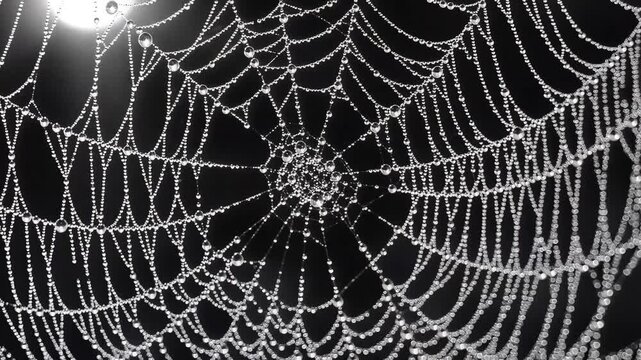Close up of a spiderweb with water droplets on dark background