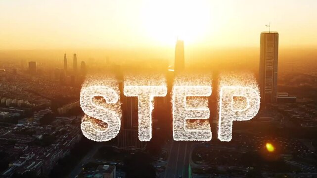 The word STEP in front of a city landscape with a bright sun, symbolizing progression, advancement, and opportunity