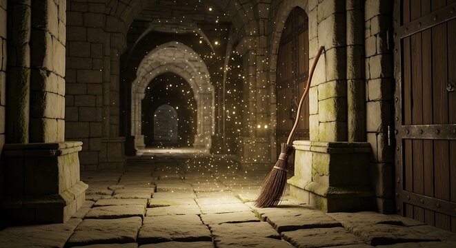 A dimly lit corridor of an ancient castle, with stone walls, arches, and a wooden broom against a closed door, illuminated by magical sparkling dust