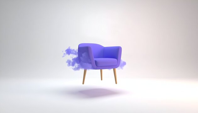 An elegant velvet purple armchair wrapped in a soft floating cloud of blue smoke inside a minimalist white room