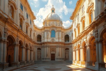 Obraz premium Ornate courtyard with central domed building, colonnades and arches bathed in warm sunlight under a blue sky, evoking a serene, majestic atmosphere