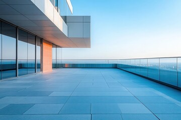 Fototapeta premium Minimal rooftop terrace with glass railing, wide tiled floor and cantilevered modern building under a clear blue sky, calm and spacious atmosphere