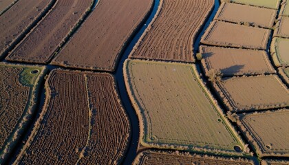 Obraz premium The image depicts an aerial view of agricultural fields separated by narrow water channels, creating a patchwork pattern