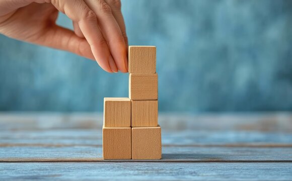 Hand placing a wooden cube on a small stacked tower of light wooden blocks on a blue blurred background, conveying calm focus and constructive progress