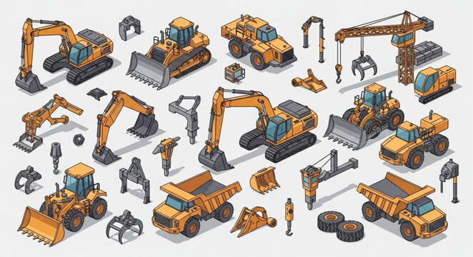 Collection of Construction Vehicles and Equipment Isometric Icons.