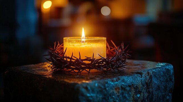 Candle burning with crown of thorns on stone surface, symbolic christian easter lent sacred light in darkness