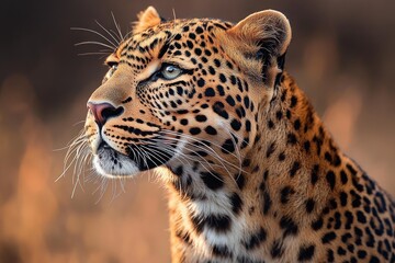 Naklejka premium Regal leopard close-up profile with focused gaze, detailed spotted fur and long whiskers against a warm blurred background, calm and alert expression