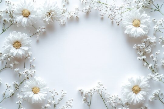 white daisies and babys breath framing a blank soft background, serene delicate spring floral border
