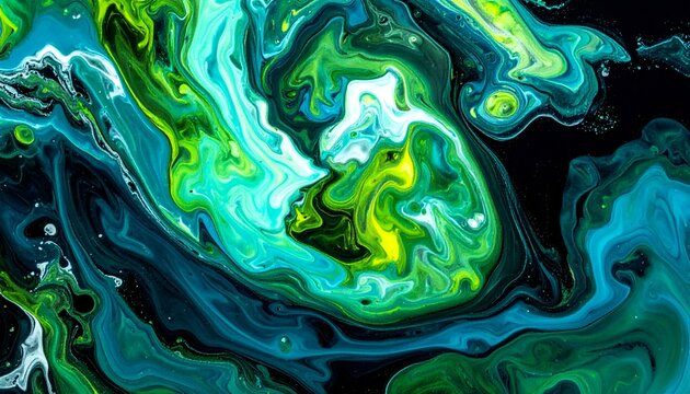 An abstract fluid marble pattern of swirling emerald green, lime, and white acrylic paint ribbons in liquid