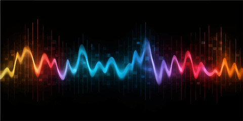A medical electrocardiogram heartbeat line pulses across a dark sound wave background, illustrating a healthy life frequency monitor graph for hospital technology and cardiac health testing © Fahid