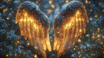 Fototapete Mädchenzimmer Glowing golden angel wings with sparkling light particles in mystical enchanted forest at night  © Milaballe