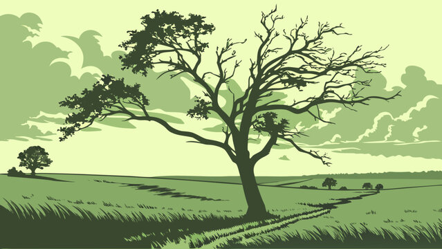 Large tree standing alone in a green landscape with rolling hills and clouds