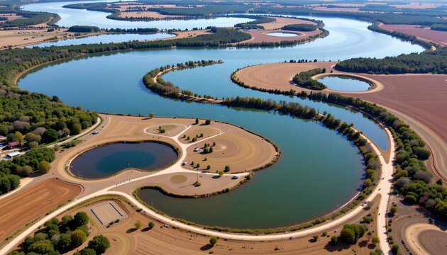 The image depicts a winding river meandering through a rural landscape, with multiple loops and oxbow lakes along its course
