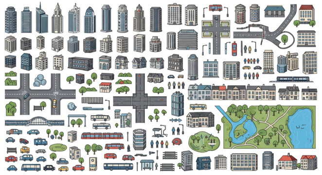 Collection of City Elements and Buildings for Urban Design.