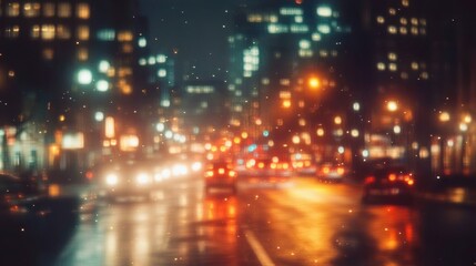 Obraz premium blurred rainy city street at night with glowing car headlights and taillights, wet reflective pavement, lit buildings and a dreamy moody atmosphere